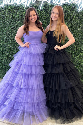 Lilac & Black Strapless Pleated Multi-Layers Tulle Long Prom Dress