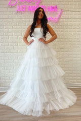 White Strapless Pleated Multi-Layers Tulle Long Prom Dress