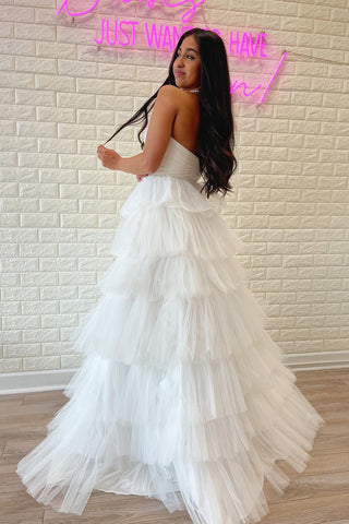 White Strapless Pleated Multi-Layers Tulle Long Prom Dress
