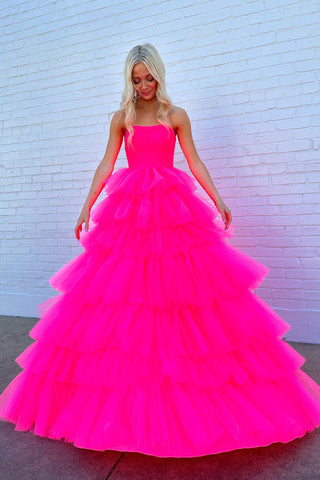 Fuchsia Strapless Pleated Multi-Layers Tulle Long Prom Dress