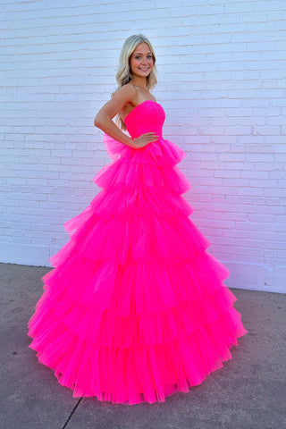 Fuchsia Strapless Pleated Multi-Layers Tulle Long Prom Dress