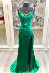 Hunter Green Beaded Straps Pleated Satin Long Prom Dress with Slit