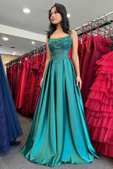 Green A-line Beaded Applique Spaghetti Straps Satin Long Prom Dress