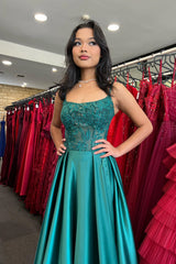 Green A-line Beaded Applique Spaghetti Straps Satin Long Prom Dress