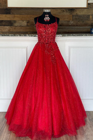 Red A-line Sequins-Embroidery Spaghetti Straps Boning Long Prom Dress
