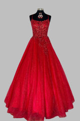 Red A-line Sequins-Embroidery Spaghetti Straps Boning Long Prom Dress