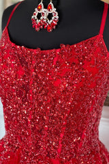 Red A-line Sequins-Embroidery Spaghetti Straps Boning Long Prom Dress