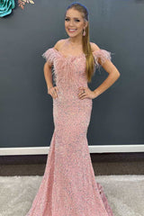 Pink Sequins Feathers Off-the-Shoulder Mermaid Long Prom Dress