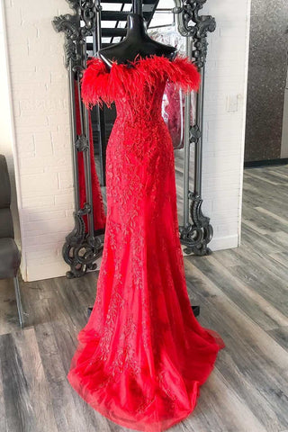 Red Feather Lace Off-the-Shoulder Long Prom Dress with Slit