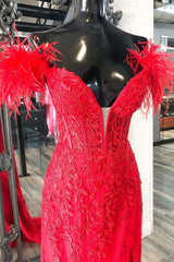 Red Feather Lace Off-the-Shoulder Long Prom Dress with Slit