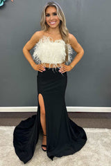 Two-Piece White and Black Feathers Mermaid Long Prom Dress with Slit