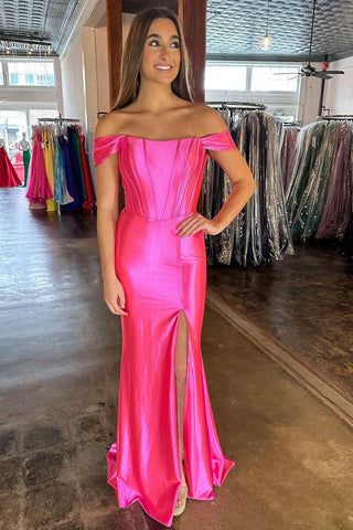 Hot Pink Satin Off-the-Shoulder Mermaid Long Prom Dress with Slit