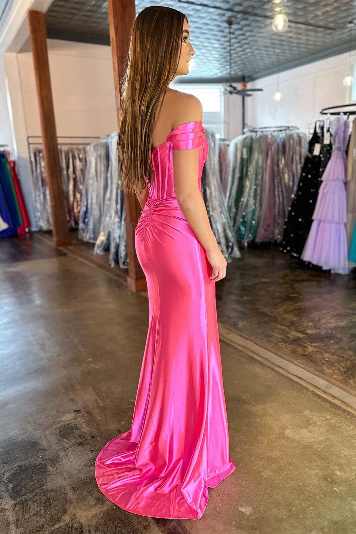 Hot Pink Satin Off-the-Shoulder Mermaid Long Prom Dress with Slit