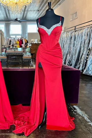 Red Beaded Queen Anne Neck Mermaid Long Prom Dress with Slit