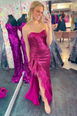 Mermaid Strapless Sequins Long Prom Gown with Feathers on Slit