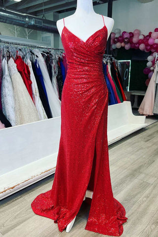 Red Sequin Surplice Neck Lace-Up Mermaid Long Prom Dress with Slit