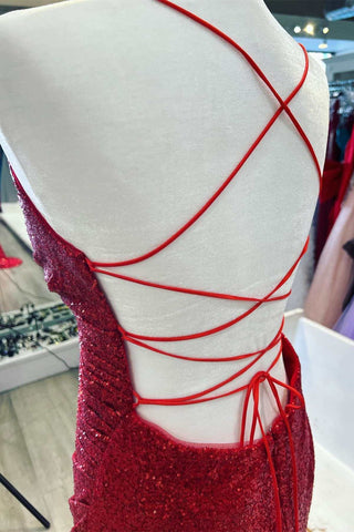Rotes, langes Ballkleid im Meerjungfrau-Stil mit Pailletten, Surplice-Ausschnitt und Schlitz