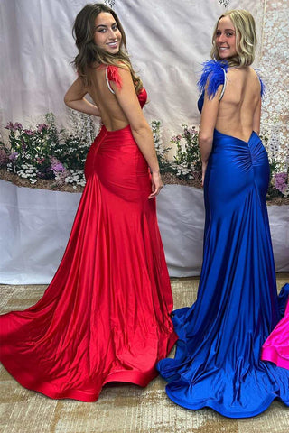 Blue Feather V-Neck Open Back Mermaid Long Formal Gown