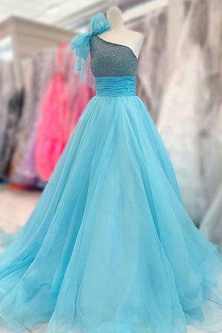 Light Blue Beaded One-Shoulder Bow A-Line Prom Dress