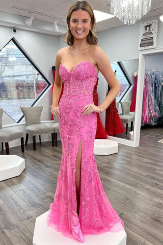 Mermaid Strapless Appliques Boning Long Prom Gown with Slit