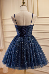 Navy Blue Polka Dot Lace Straps A-Line Homecoming Dress