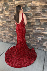 Red Mermaid V Neck Sequins Sleeveless Long Prom Dress