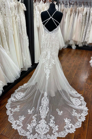 Beige Lace Backless Trumpet Long Wedding Dress