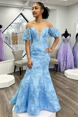 Puff Off-Shoulder Trumpet V Neck Embroidery Long Prom Dress