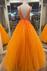 Orange Tulle 3D Floral Lace Backless A-Line Prom Dress