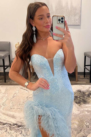 Light Blue Sequin Feather Strapless Long Prom Dress with Slit