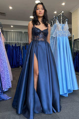 Navy Satin Lace V-Neck A-Line Long Prom Dress with Slit