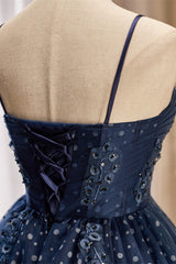 Navy Blue Polka Dot Lace Straps A-Line Homecoming Dress