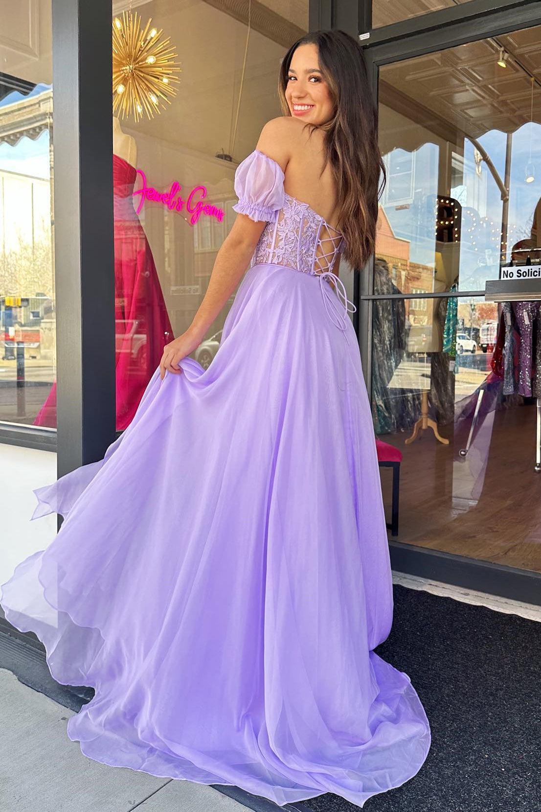 Lilac Applique Strapless A-line Long Prom Gown with Puff Sleeves