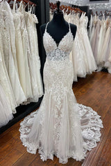 Beige Lace Backless Trumpet Long Wedding Dress