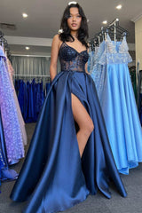 Navy Satin Lace V-Neck A-Line Long Prom Dress with Slit