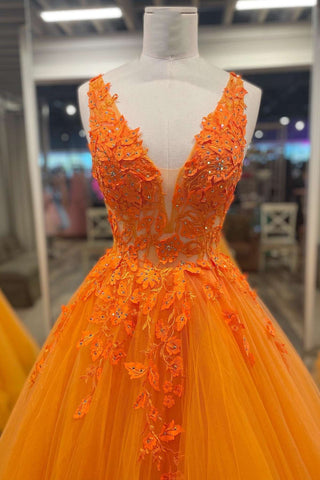 Orange Tulle 3D Floral Lace Backless A-Line Prom Dress