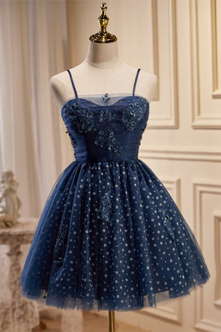 Navy Blue Polka Dot Lace Straps A-Line Homecoming Dress