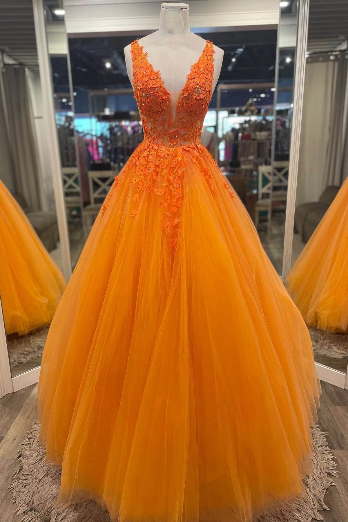 Orange Tulle 3D Floral Lace Backless A-Line Prom Dress