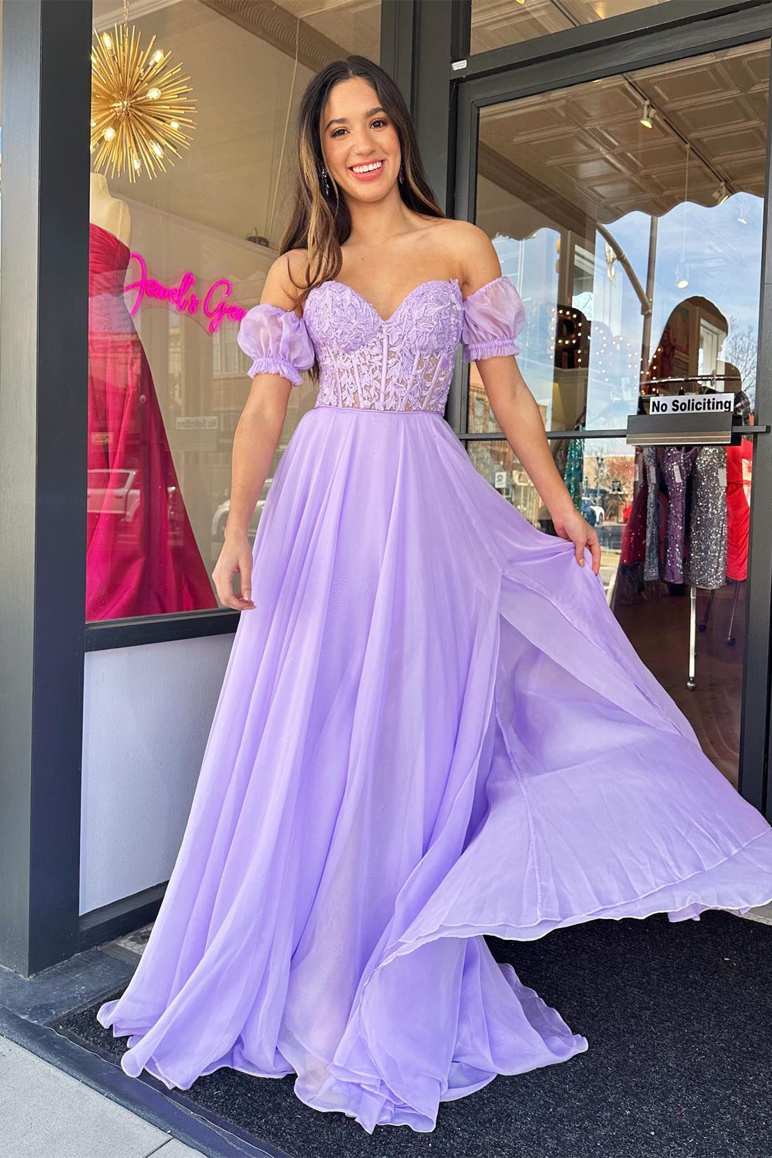 Lilac  Applique Strapless A-line Long Prom Gown with Puff Sleeves
