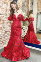 Puff Off-Shoulder Trumpet V Neck Embroidery Long Prom Dress