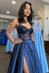 Navy Satin Lace V-Neck A-Line Long Prom Dress with Slit