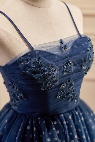 Navy Blue Polka Dot Lace Straps A-Line Homecoming Dress