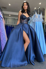 Navy Satin Lace V-Neck A-Line Long Prom Dress with Slit