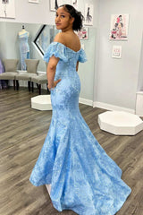 Puff Off-Shoulder Trumpet V Neck Embroidery Long Prom Dress