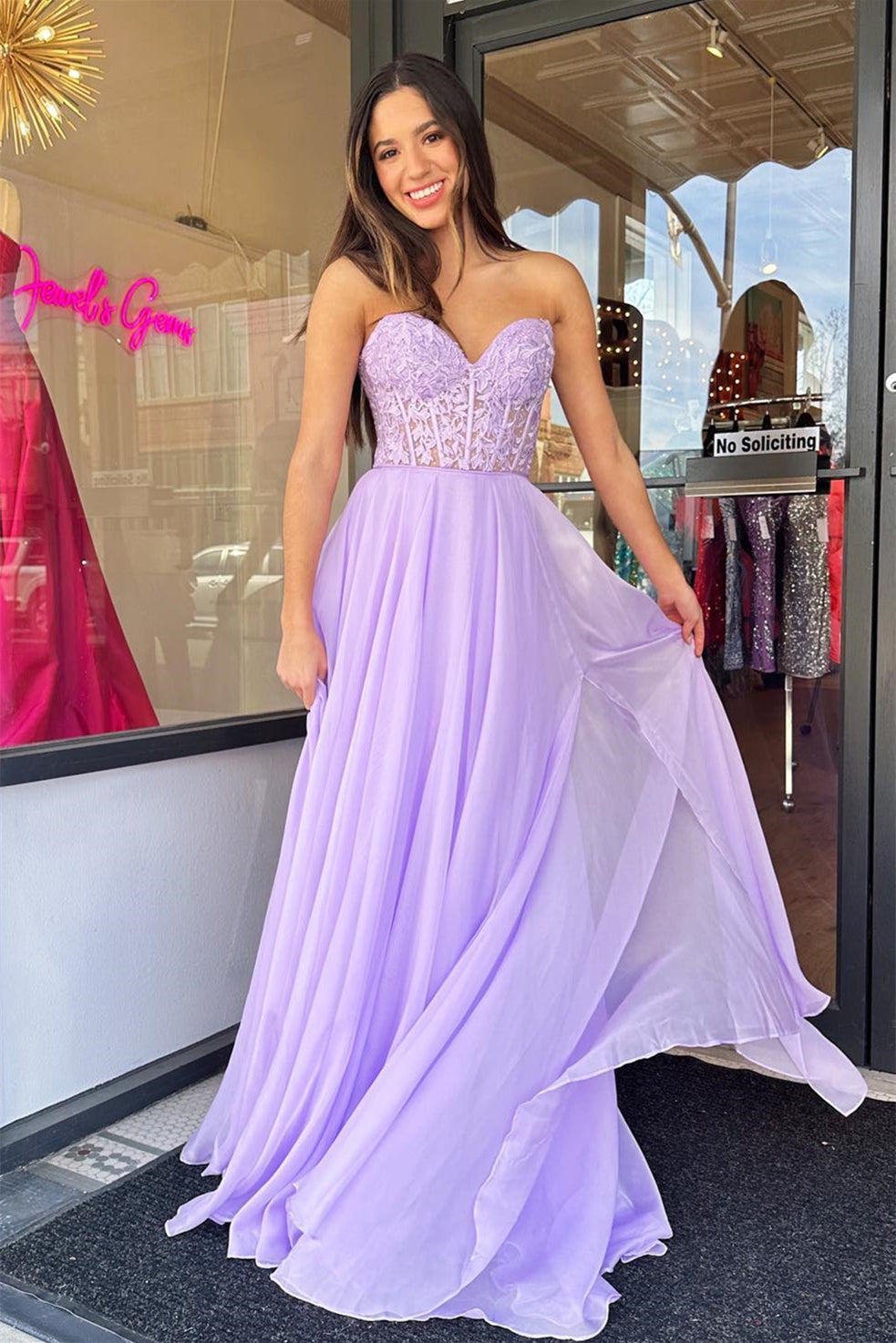 Lilac Applique Strapless A-line Long Prom Gown with Puff Sleeves