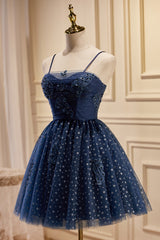 Navy Blue Polka Dot Lace Straps A-Line Homecoming Dress