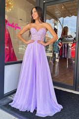 Lilac Applique Strapless A-line Long Prom Gown with Puff Sleeves