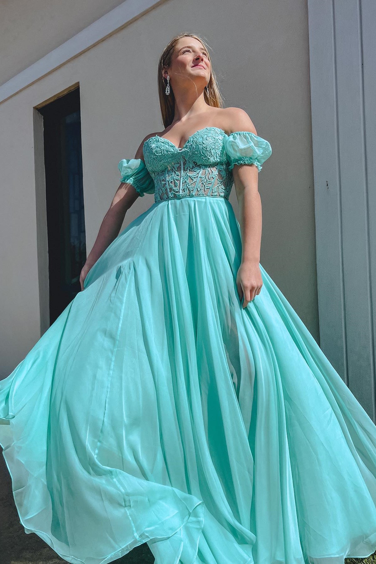 Aqua Blue Applique Strapless A-line Long Prom Gown with Puff Sleeves