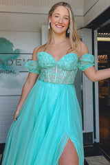 Aqua Blue Applique Strapless A-line Long Prom Gown with Puff Sleeves