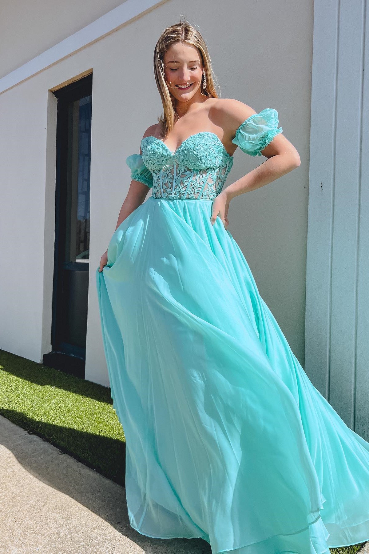 Aqua Blue Applique Strapless A-line Long Prom Gown with Puff Sleeves